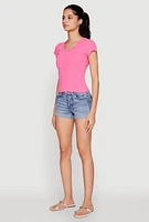 Womens Lettuce Edge Trim Basic Tee, Pink, Size S