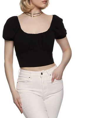 Womens Puff Sleeve Tie Back Cropped Peasant Top, Black, Size L