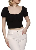 Womens Puff Sleeve Tie Back Cropped Peasant Top, Black, Size L