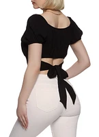 Womens Puff Sleeve Tie Back Cropped Peasant Top, Black, Size L