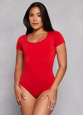 Womens Short Sleeve Scoop Neck Bodysuit, Red,