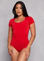 Womens Short Sleeve Scoop Neck Bodysuit, Red,