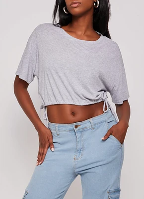 Womens Solid Crew Neck Drawstring Hem Top, Grey, Size L