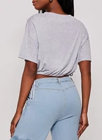 Womens Solid Crew Neck Drawstring Hem Top, Grey, Size L
