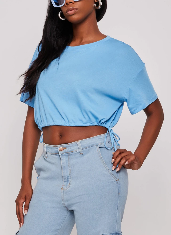 Womens Solid Crew Neck Drawstring Hem Top, Blue, Size M