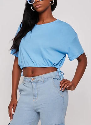 Womens Solid Crew Neck Drawstring Hem Top, Blue, Size M