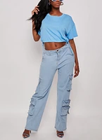 Womens Solid Crew Neck Drawstring Hem Top, Blue, Size M