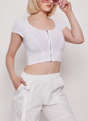 Womens Zip Front Cropped T Shirt, White, Size L