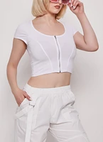 Womens Zip Front Cropped T Shirt, White, Size L