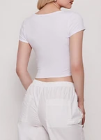 Womens Zip Front Cropped T Shirt, White, Size L