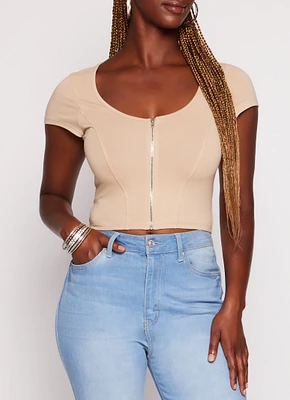 Womens Zip Front Cropped T Shirt, Beige, Size M