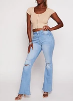 Womens Zip Front Cropped T Shirt, Beige, Size M