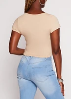 Womens Zip Front Cropped T Shirt, Beige, Size M