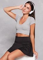 Womens Seamless Ribbed V Neck Crop Top, Grey, Size M-L