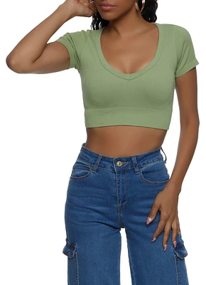 Womens Seamless Ribbed V Neck Crop Top,