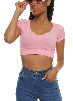 Womens Seamless Ribbed V Neck Crop Top, Pink, Size S-M