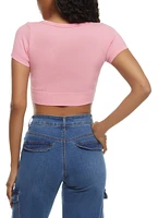 Womens Seamless Ribbed V Neck Crop Top, Pink, Size S-M