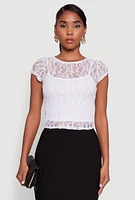 Womens Ambiance Lace Overlay Cropped Cap Sleeve Blouse, White, Size S