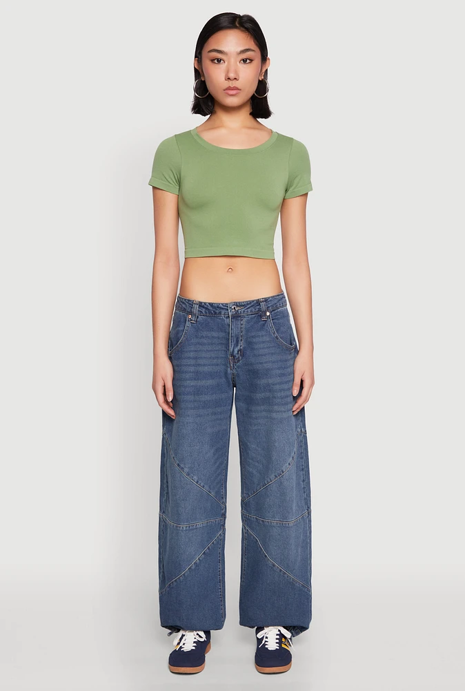 Womens Seamless Short Sleeve Crop Top, Green, Size S-M