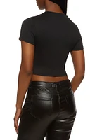 Womens Buckle Corset Illusion Graphic Crop Top, Black, Size S
