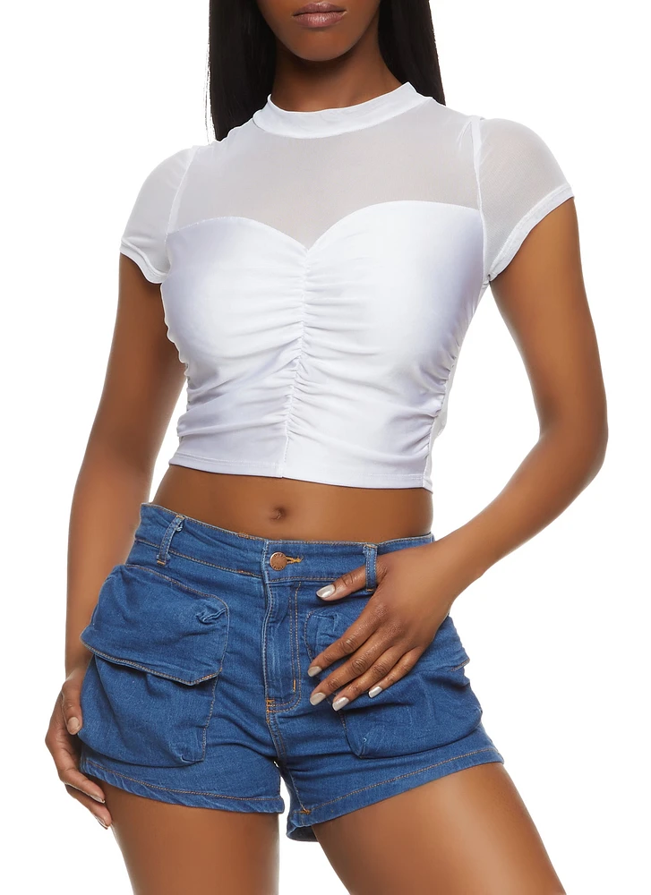 Womens Mesh Insert Ruched Top, White, Size S