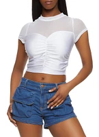 Womens Mesh Insert Ruched Top, White, Size S