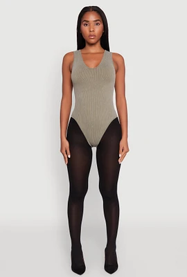 Womens Seamless Mineral Wash V Neck Thong Bodysuit, Green, Size S-M