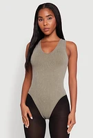 Womens Seamless Mineral Wash V Neck Thong Bodysuit, Green,
