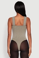 Womens Seamless Mineral Wash V Neck Thong Bodysuit, Green,