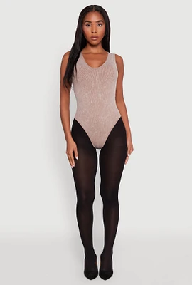 Womens Seamless Mineral Wash V Neck Thong Bodysuit, Beige, Size L-XL