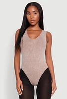 Womens Seamless Mineral Wash V Neck Thong Bodysuit, Beige, Size L-XL