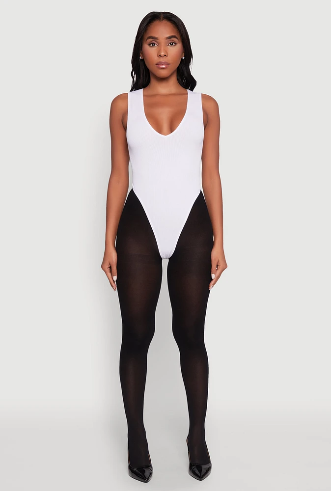 Womens Seamless V Neck Thong Bodysuit, White, Size L-XL
