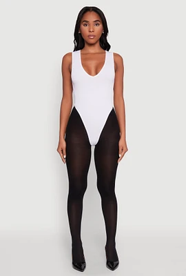 Womens Seamless V Neck Thong Bodysuit, White, Size L-XL