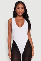 Womens Seamless V Neck Thong Bodysuit, White, Size L-XL