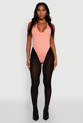 Womens Seamless V Neck Thong Bodysuit, Pink, Size S-M
