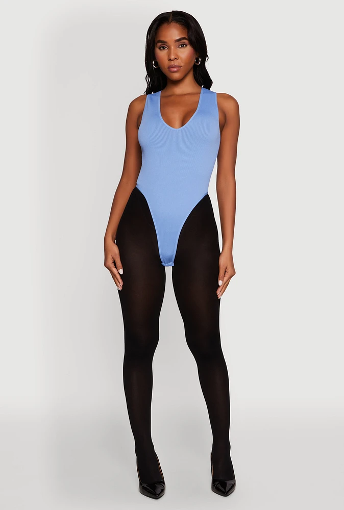 Womens Seamless V Neck Thong Bodysuit, Blue, Size L-XL