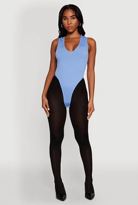 Womens Seamless V Neck Thong Bodysuit, Blue, Size L-XL