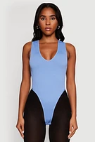 Womens Seamless V Neck Thong Bodysuit, Blue, Size L-XL