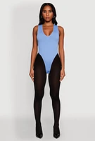 Womens Seamless V Neck Thong Bodysuit, Blue, Size L-XL