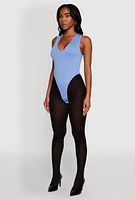 Womens Seamless V Neck Thong Bodysuit, Blue, Size L-XL
