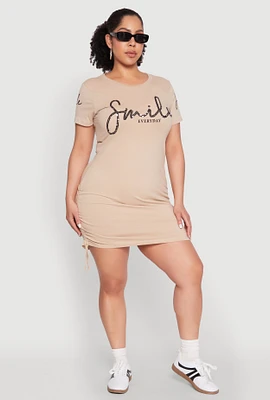 Womens Plus Size Smile Everyday Graphic T Shirt Dress, Beige, Size 1X
