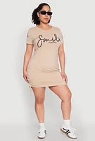 Womens Plus Size Smile Everyday Graphic T Shirt Dress, Beige, Size 1X