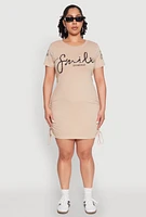 Womens Plus Size Smile Everyday Graphic T Shirt Dress, Beige, Size 1X
