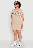 Womens Plus Size Smile Everyday Graphic T Shirt Dress, Beige, Size 1X