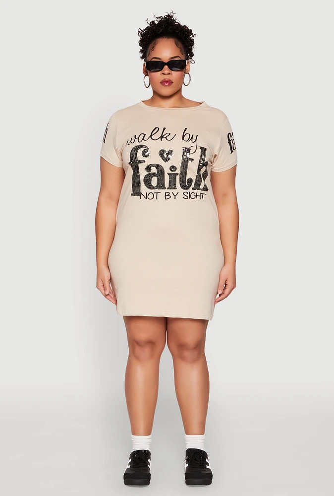 Womens Plus Size Sequin Walk By Faith Graphic Dress, Beige, Size 2X