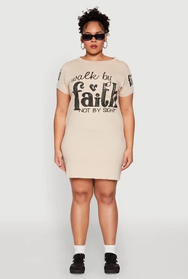 Womens Plus Size Sequin Walk By Faith Graphic Dress, Beige, Size 2X