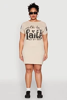 Womens Plus Size Sequin Walk By Faith Graphic Dress, Beige, Size 2X