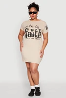 Womens Plus Size Sequin Walk By Faith Graphic Dress, Beige, Size 1X