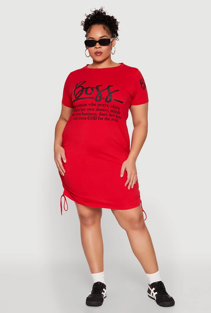 Womens Plus Size Drawstring Hem Glitter Boss Graphic Dress, Red, Size 3X