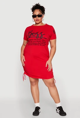 Womens Plus Size Drawstring Hem Glitter Boss Graphic Dress, Red, Size 3X